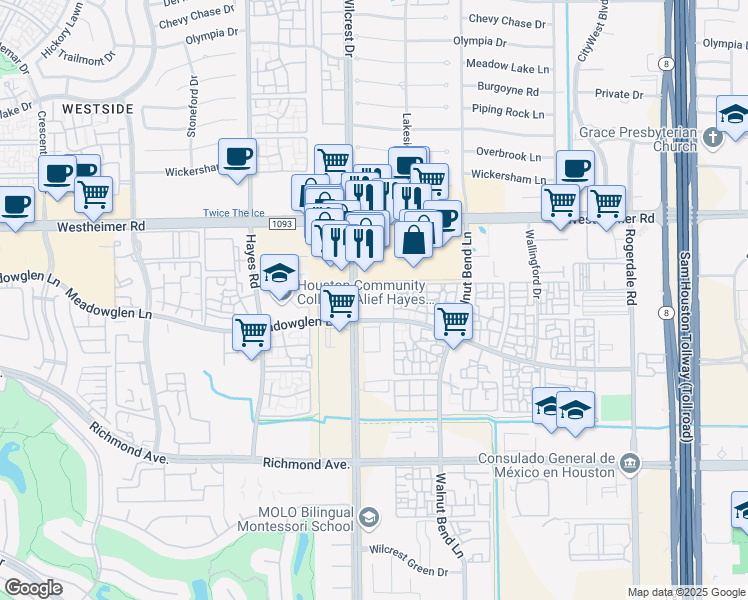 map of restaurants, bars, coffee shops, grocery stores, and more near 2691-B Wilcrest Drive in Houston