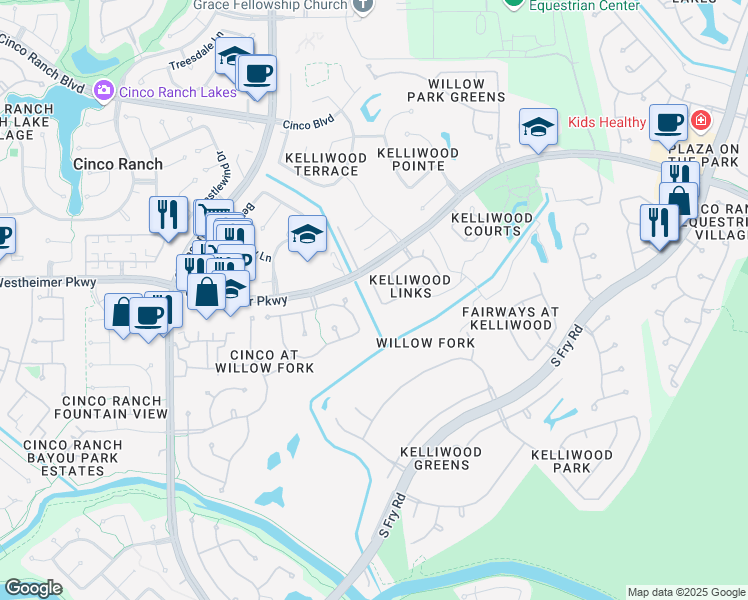 map of restaurants, bars, coffee shops, grocery stores, and more near 3406 San Vicente Lane in Katy
