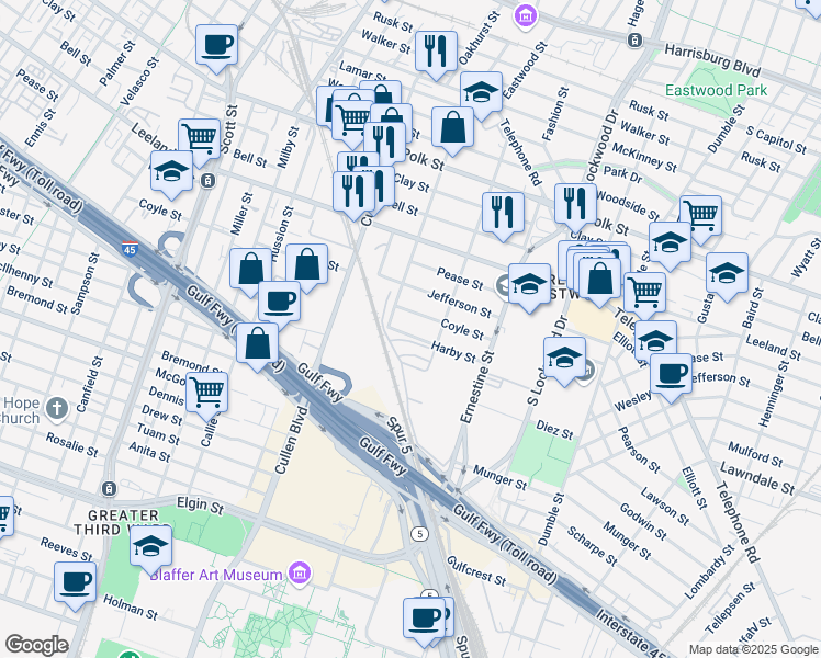 map of restaurants, bars, coffee shops, grocery stores, and more near 4301 Coyle Street in Houston