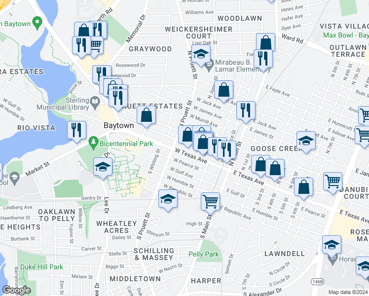 map of restaurants, bars, coffee shops, grocery stores, and more near 321 West Sterling Avenue in Baytown