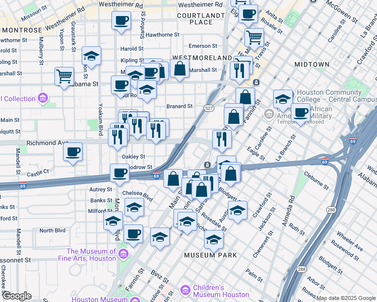 map of restaurants, bars, coffee shops, grocery stores, and more near 491 Richmond Avenue in Houston