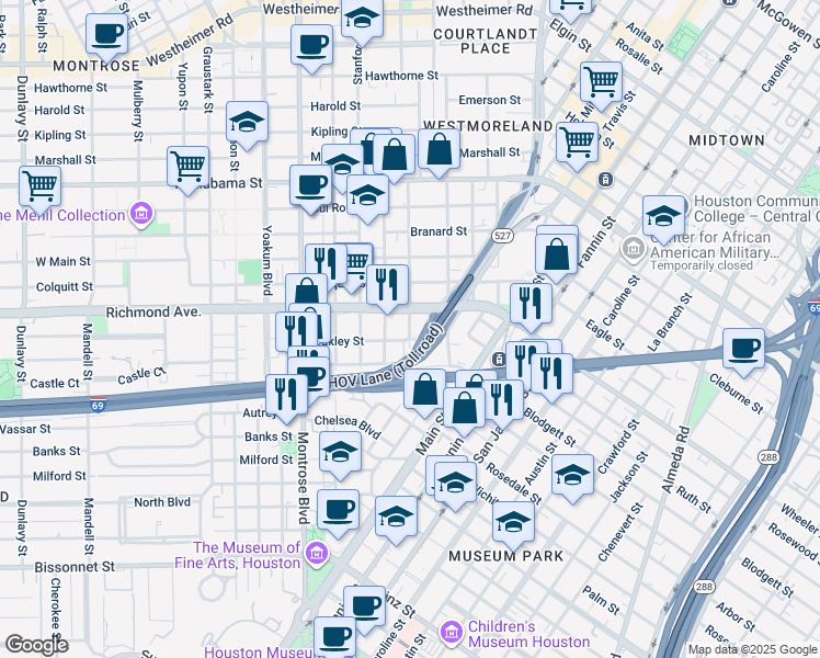 map of restaurants, bars, coffee shops, grocery stores, and more near 511 Richmond Avenue in Houston