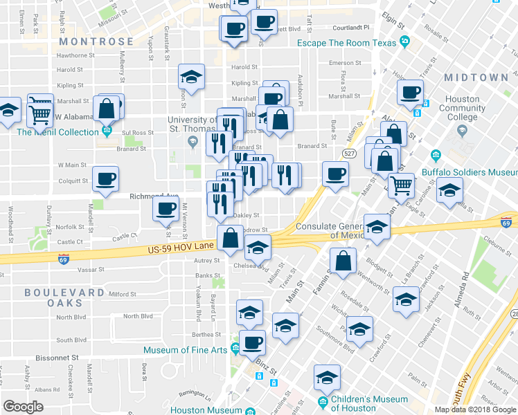 map of restaurants, bars, coffee shops, grocery stores, and more near in Houston