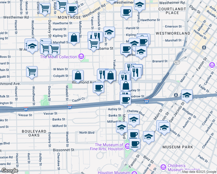 map of restaurants, bars, coffee shops, grocery stores, and more near in Houston