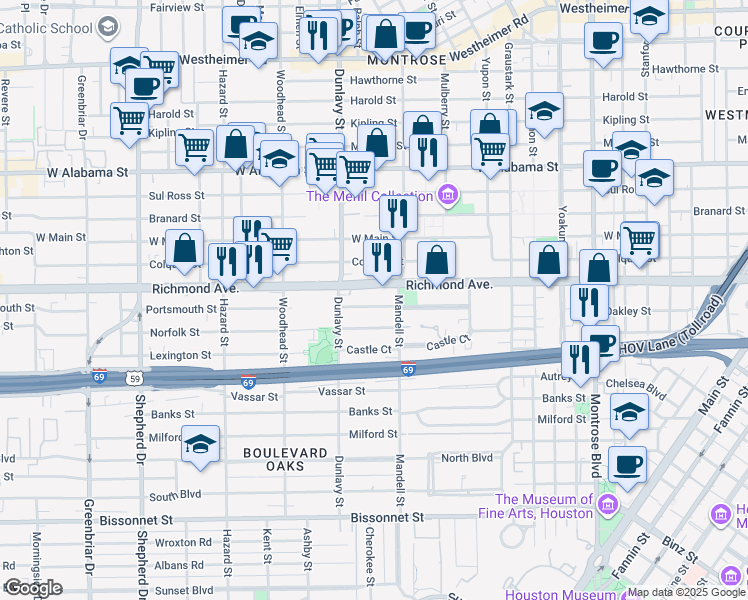 map of restaurants, bars, coffee shops, grocery stores, and more near 1620 Richmond Avenue in Houston