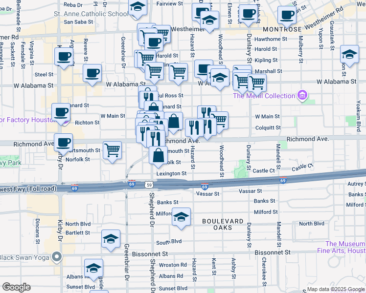 map of restaurants, bars, coffee shops, grocery stores, and more near 1908 Richmond Avenue in Houston