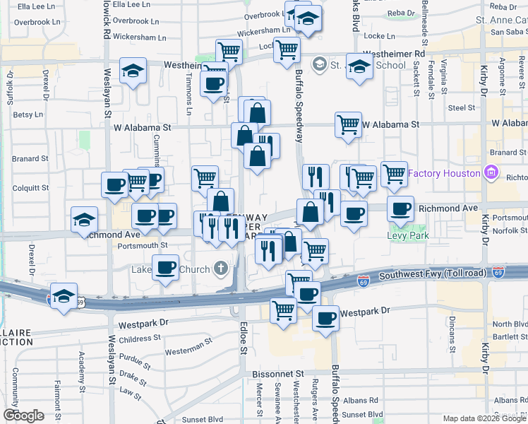 map of restaurants, bars, coffee shops, grocery stores, and more near 3616 Richmond Avenue in Houston