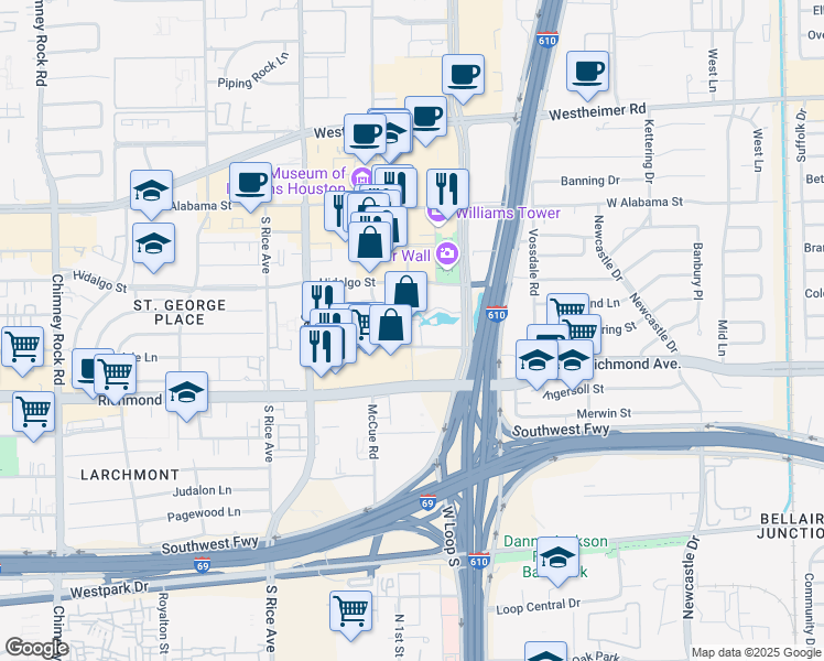 map of restaurants, bars, coffee shops, grocery stores, and more near 3040 Post Oak Boulevard in Houston