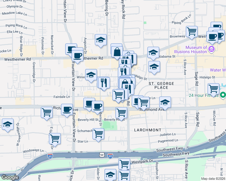 map of restaurants, bars, coffee shops, grocery stores, and more near 5606 Dolores Street in Houston