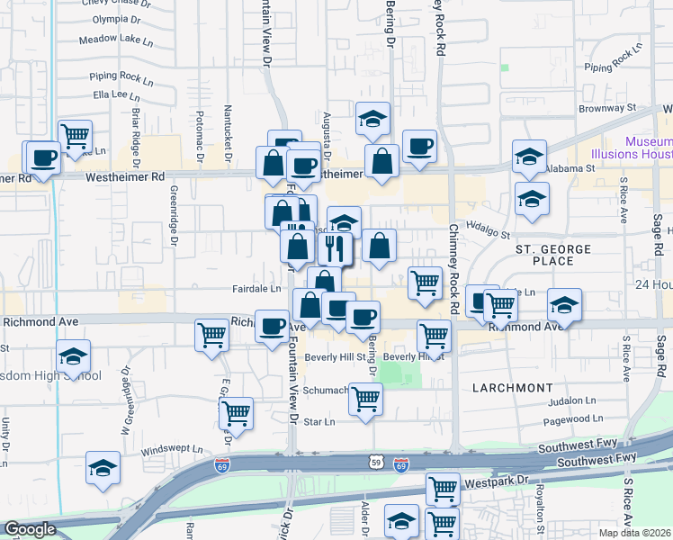 map of restaurants, bars, coffee shops, grocery stores, and more near 5904 Dolores Street in Houston