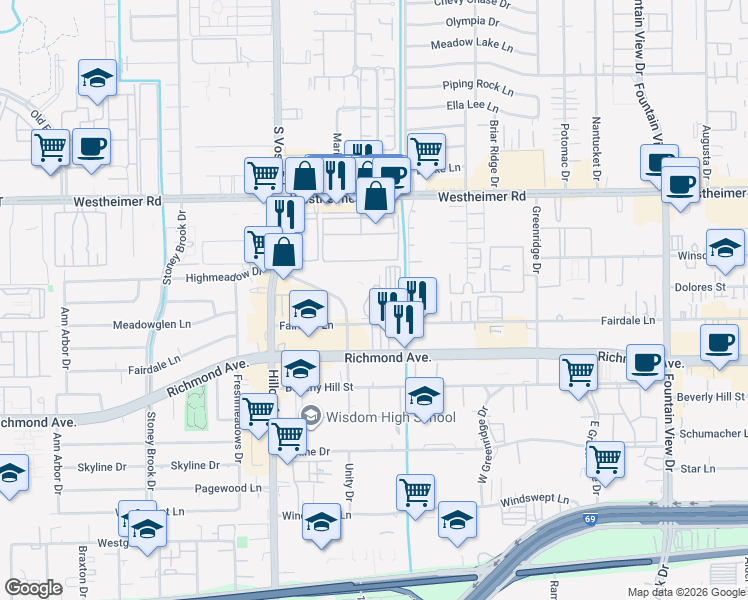 map of restaurants, bars, coffee shops, grocery stores, and more near 2825 Hillcroft Street in Houston