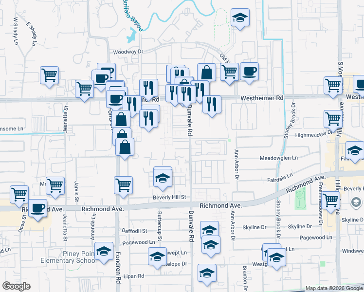 map of restaurants, bars, coffee shops, grocery stores, and more near 164 Rolido Drive in Houston