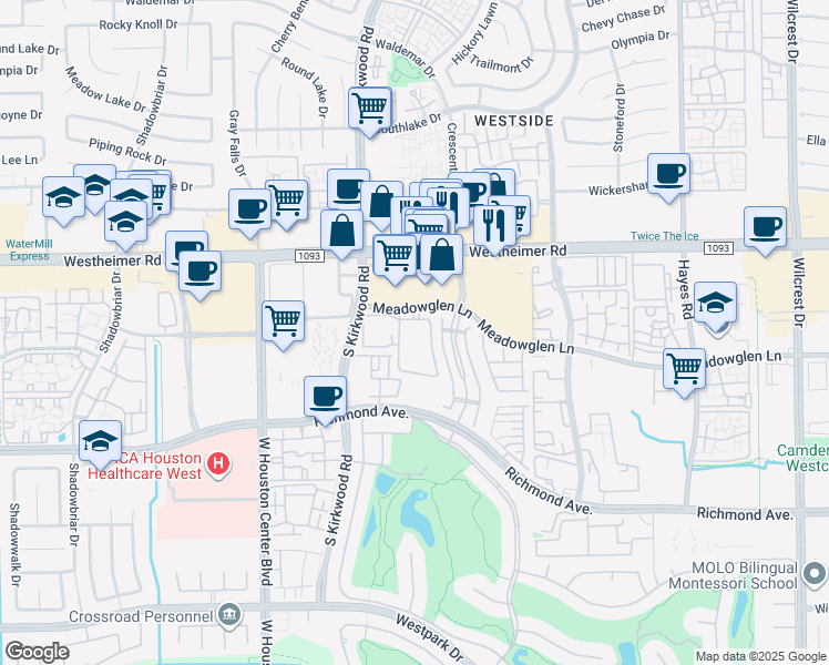 map of restaurants, bars, coffee shops, grocery stores, and more near 2602 Tudor Manor in Houston