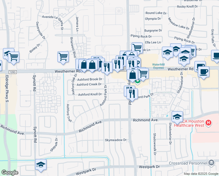 map of restaurants, bars, coffee shops, grocery stores, and more near 12614 Ashford Creek Drive in Houston