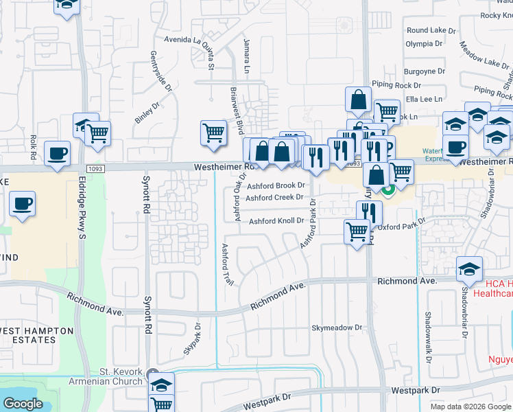 map of restaurants, bars, coffee shops, grocery stores, and more near 12830 Ashford Creek Drive in Houston