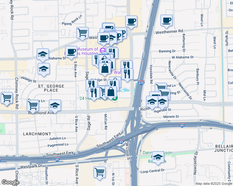 map of restaurants, bars, coffee shops, grocery stores, and more near 3050 Post Oak Boulevard in Houston