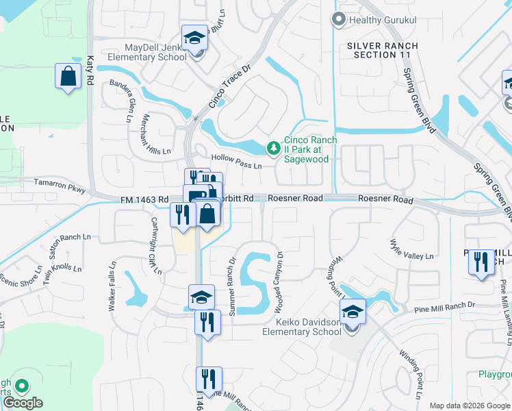 map of restaurants, bars, coffee shops, grocery stores, and more near 3322 Mallard Run Court in Katy