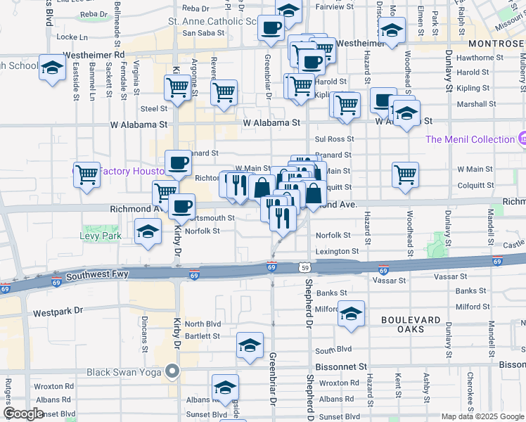 map of restaurants, bars, coffee shops, grocery stores, and more near in Houston