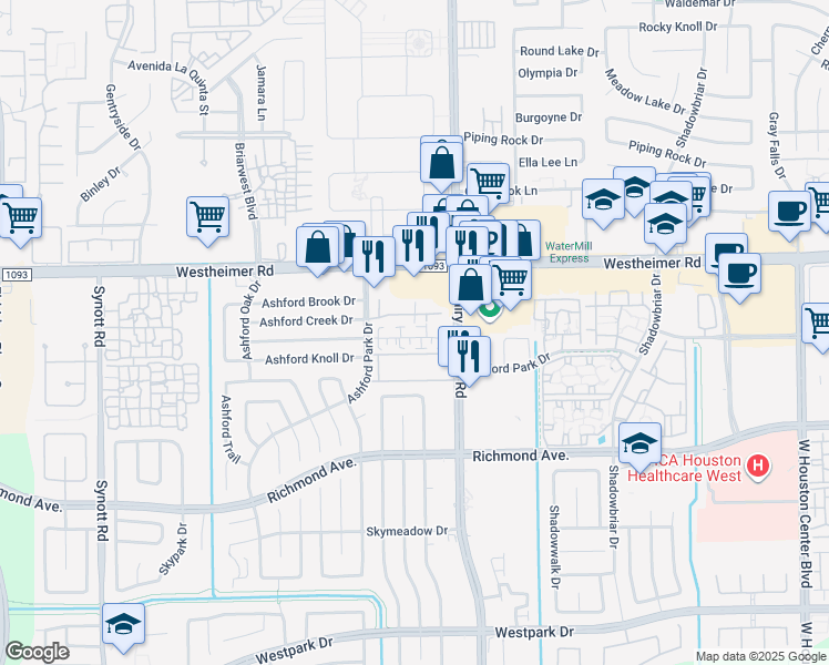 map of restaurants, bars, coffee shops, grocery stores, and more near 12514 Mews Circle in Houston