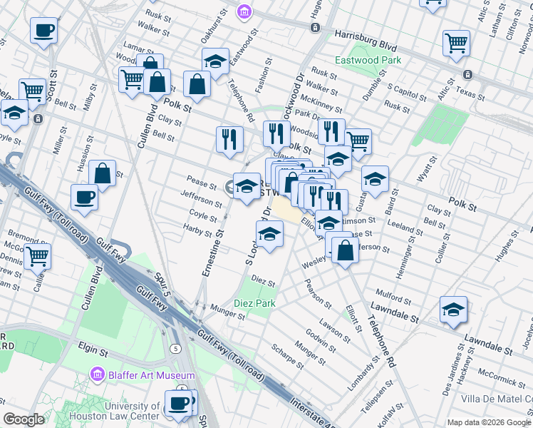 map of restaurants, bars, coffee shops, grocery stores, and more near Pease St & S Lockwood Dr in Houston