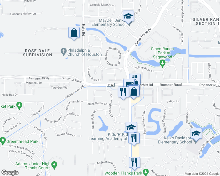 map of restaurants, bars, coffee shops, grocery stores, and more near 27606 Great Sky Court in Fulshear