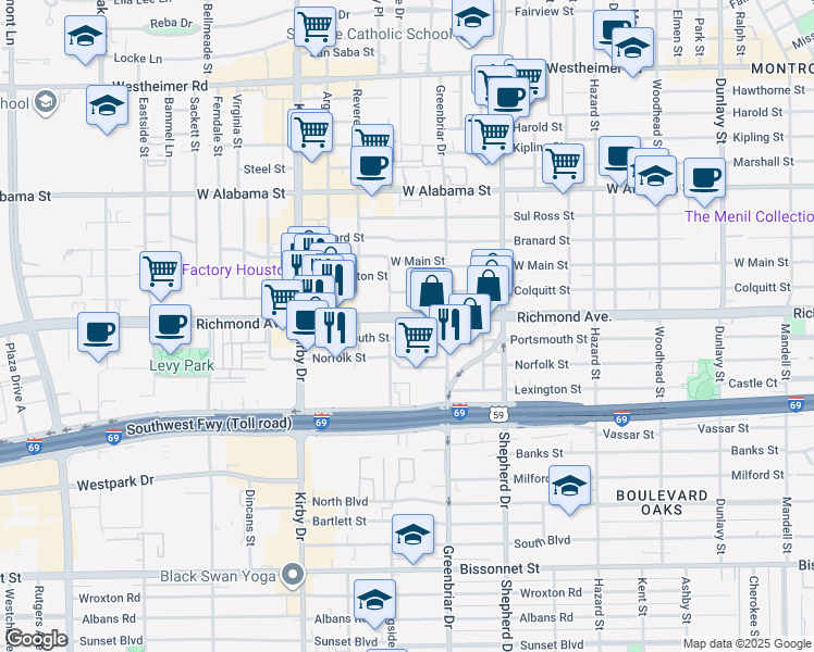 map of restaurants, bars, coffee shops, grocery stores, and more near 2242 Richmond Avenue in Houston