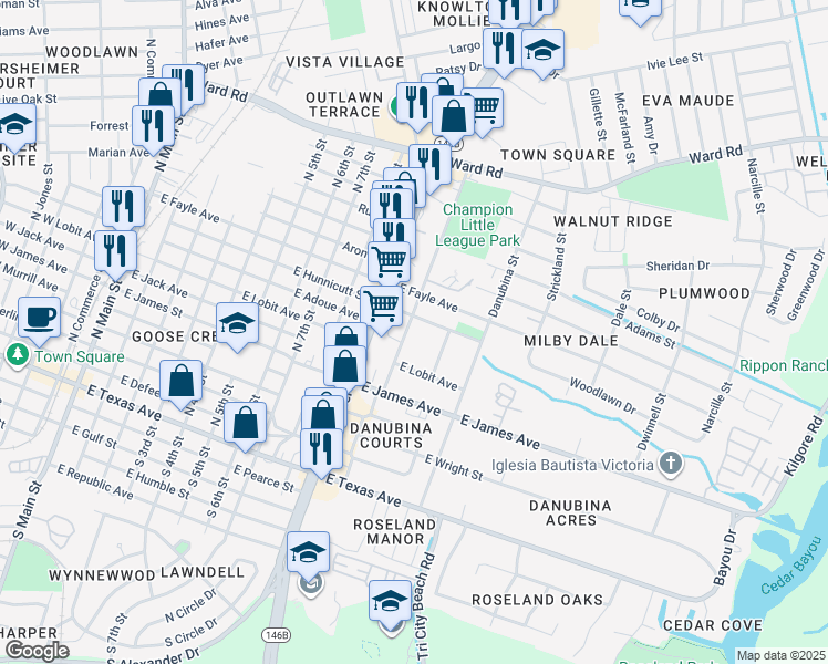 map of restaurants, bars, coffee shops, grocery stores, and more near 1008 East Lobit Avenue in Baytown