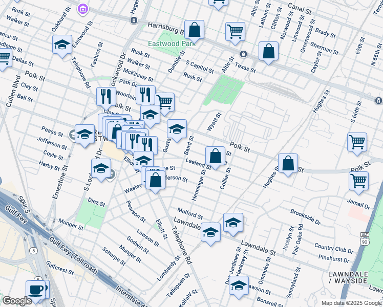 map of restaurants, bars, coffee shops, grocery stores, and more near 5103 Bell Street in Houston