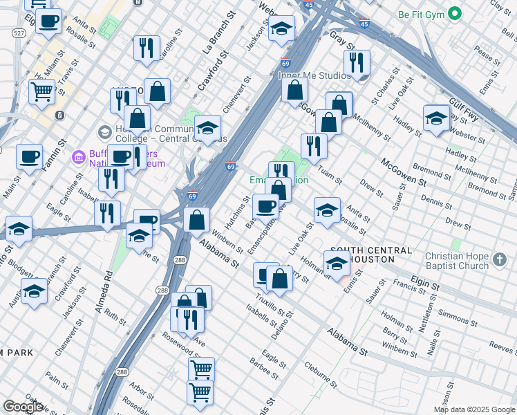 map of restaurants, bars, coffee shops, grocery stores, and more near 2206 Stuart Street in Houston