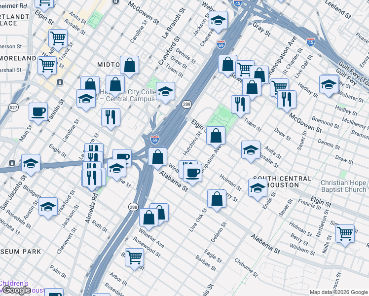 map of restaurants, bars, coffee shops, grocery stores, and more near 2102 Francis Street in Houston
