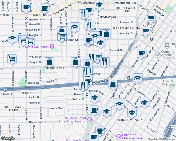 map of restaurants, bars, coffee shops, grocery stores, and more near in Houston