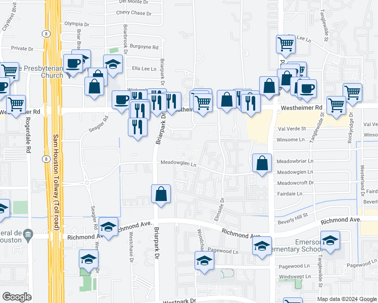 map of restaurants, bars, coffee shops, grocery stores, and more near 9850 Meadowglen Lane in Houston