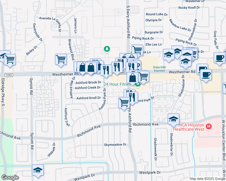 map of restaurants, bars, coffee shops, grocery stores, and more near 12614 Ashford Creek Drive in Houston