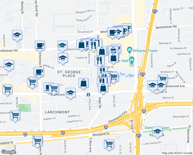 map of restaurants, bars, coffee shops, grocery stores, and more near 3300 Sage Road in Houston