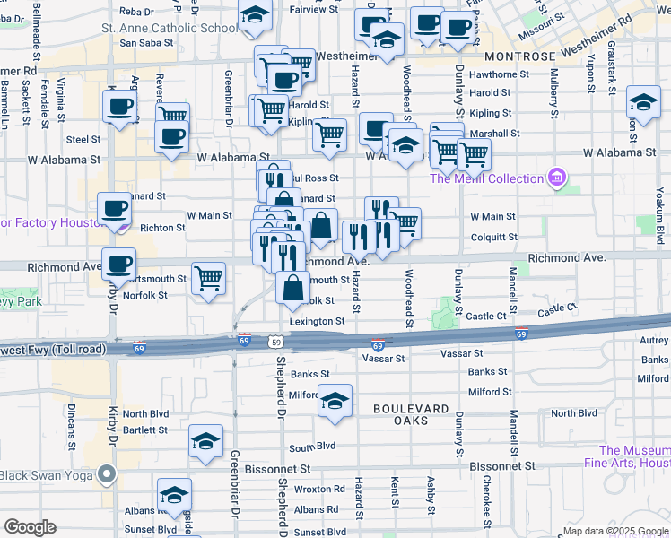 map of restaurants, bars, coffee shops, grocery stores, and more near 1925 Richmond Avenue in Houston