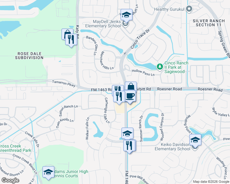 map of restaurants, bars, coffee shops, grocery stores, and more near 27703 Dalton Bluff Court in Katy