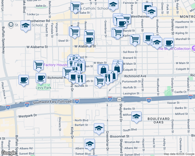 map of restaurants, bars, coffee shops, grocery stores, and more near 2242 Richmond Avenue in Houston