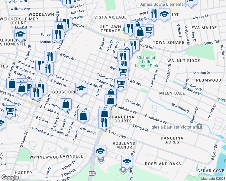 map of restaurants, bars, coffee shops, grocery stores, and more near 801 East Adoue Avenue in Baytown