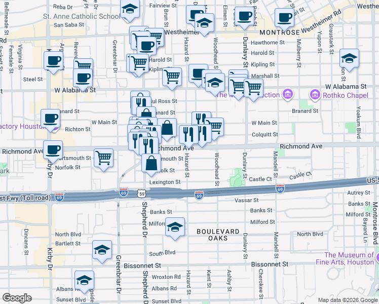 map of restaurants, bars, coffee shops, grocery stores, and more near 1908 Richmond Avenue in Houston