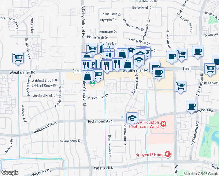 map of restaurants, bars, coffee shops, grocery stores, and more near 12430 Oxford Park Drive in Houston