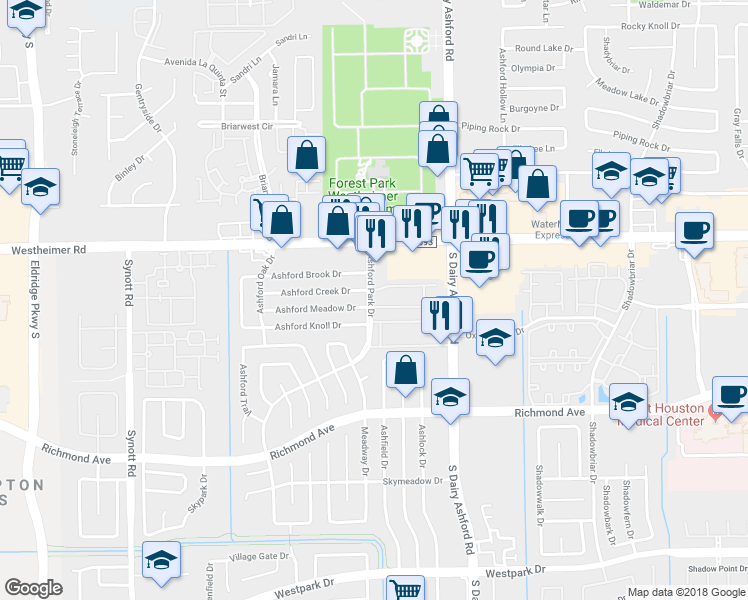 map of restaurants, bars, coffee shops, grocery stores, and more near 12658 Ashford Meadow Drive in Houston