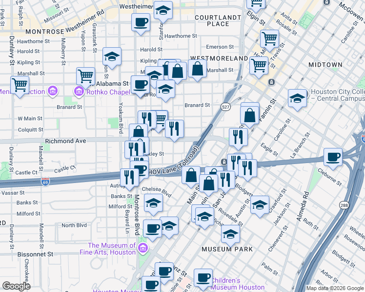 map of restaurants, bars, coffee shops, grocery stores, and more near 511 Richmond Avenue in Houston