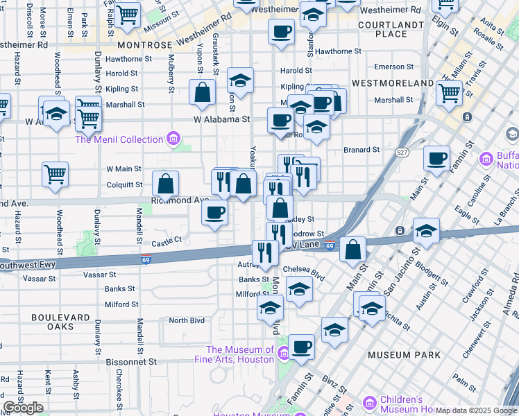 map of restaurants, bars, coffee shops, grocery stores, and more near 4219 Yoakum Boulevard in Houston