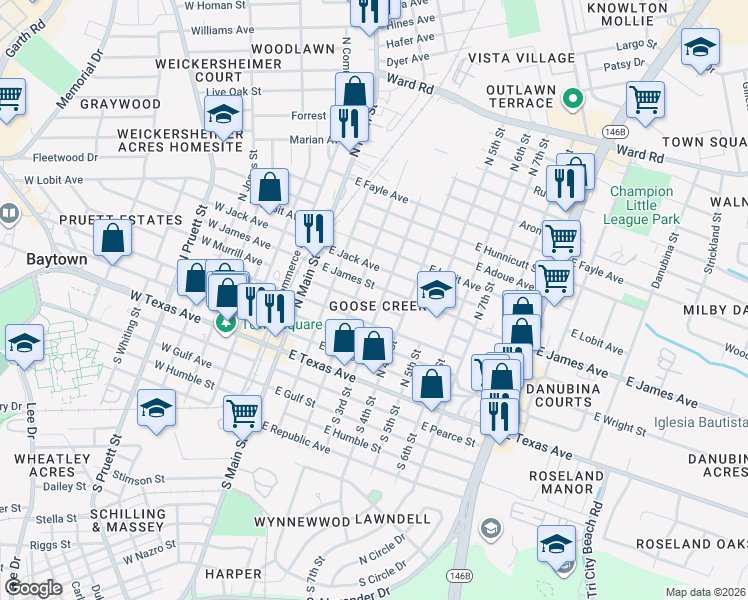 map of restaurants, bars, coffee shops, grocery stores, and more near 222 East James Street in Baytown