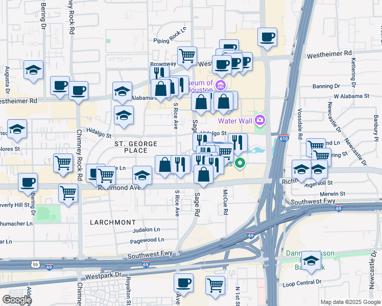 map of restaurants, bars, coffee shops, grocery stores, and more near 3300 Sage Road in Houston
