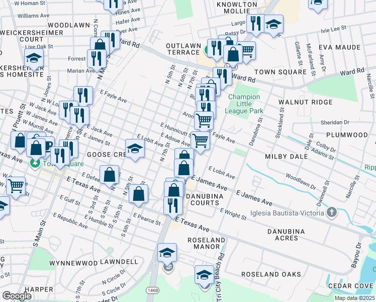 map of restaurants, bars, coffee shops, grocery stores, and more near 801 East Adoue Avenue in Baytown