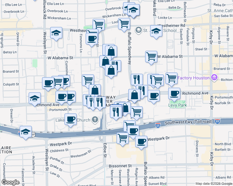 map of restaurants, bars, coffee shops, grocery stores, and more near 3616 Richmond Avenue in Houston