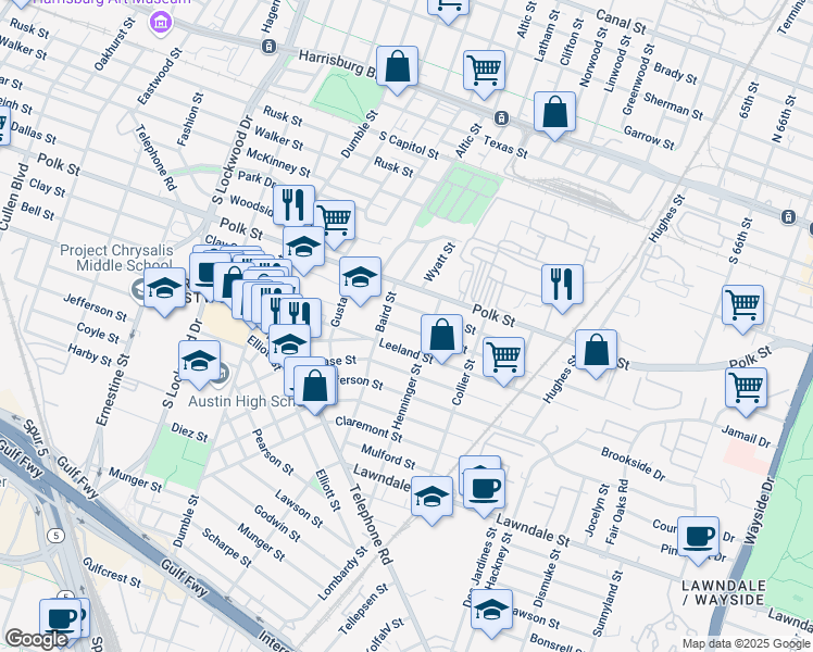 map of restaurants, bars, coffee shops, grocery stores, and more near 5128 Clay Street in Houston