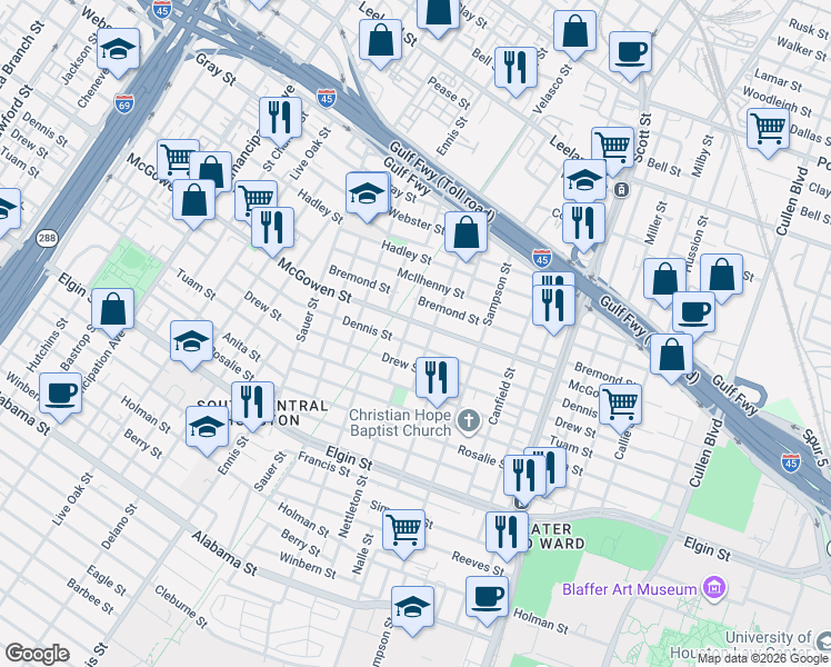 map of restaurants, bars, coffee shops, grocery stores, and more near 3233 McGowen Street in Houston