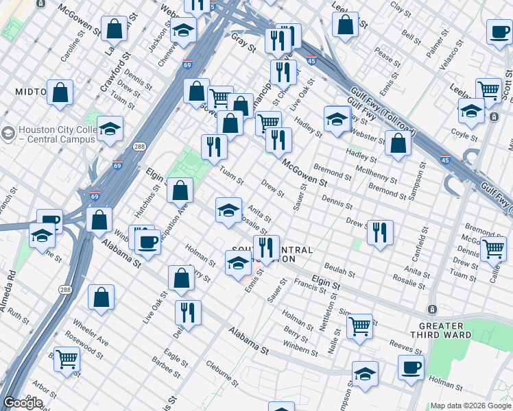 map of restaurants, bars, coffee shops, grocery stores, and more near 2702 Tuam Street in Houston